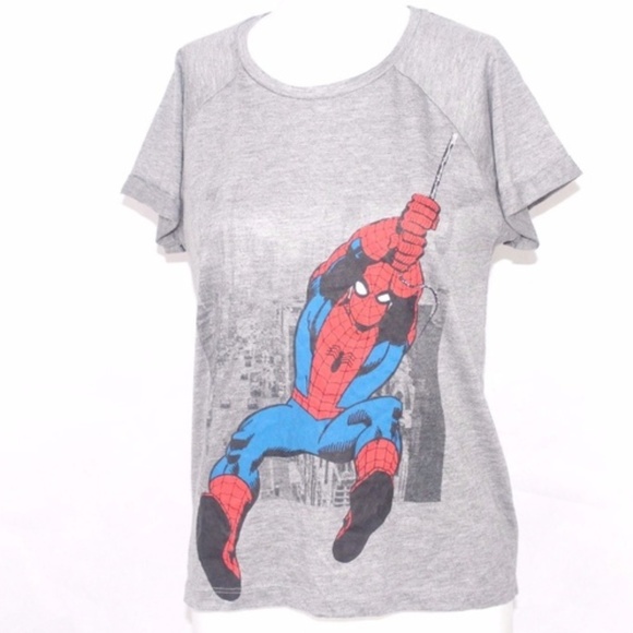 Marvel Tops - MARVEL Womens Gray Cuffed S/S SPIDERMAN Swinging W